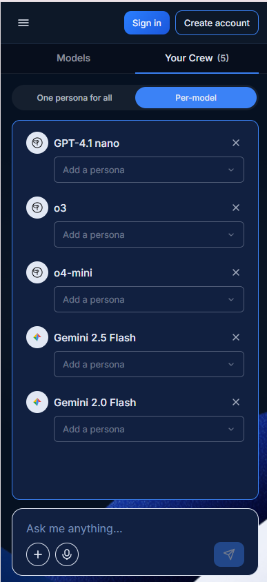 Mobile Your Crew tab with per-model persona list