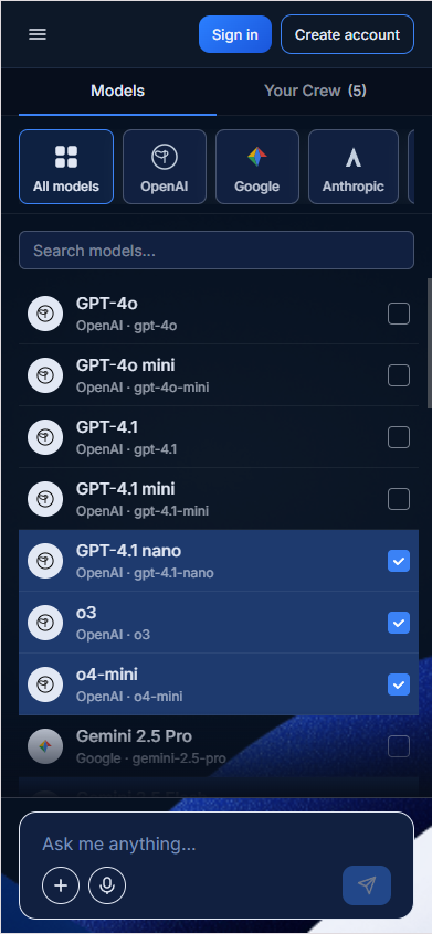 Mobile Models tab with provider filter pills and model list