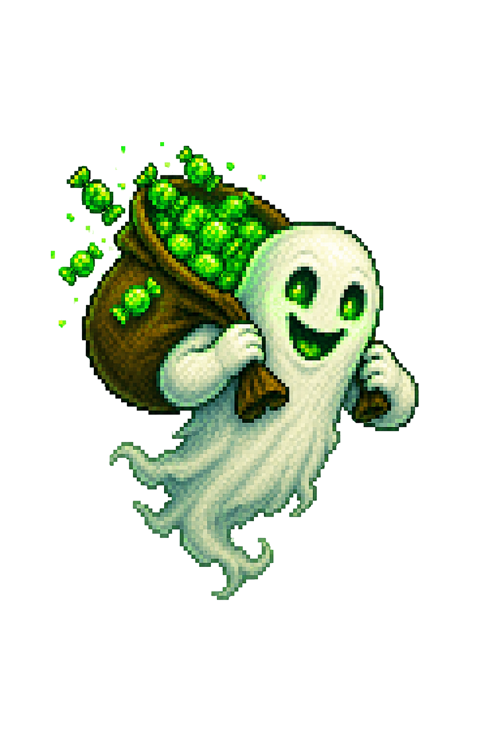 Pixel-art ghost carrying a sack of glowing green candies.