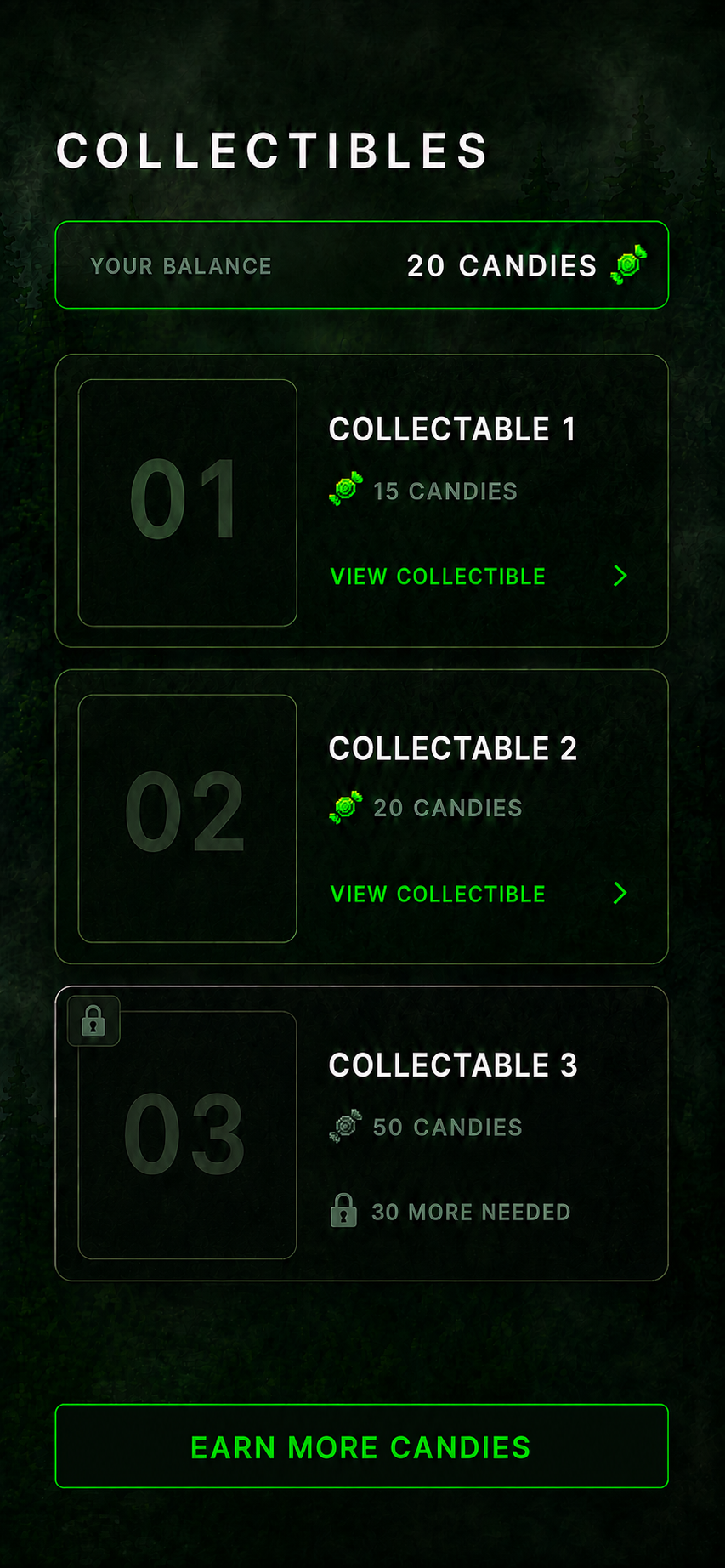 High-fidelity collectibles screen — earned and locked eligibility states