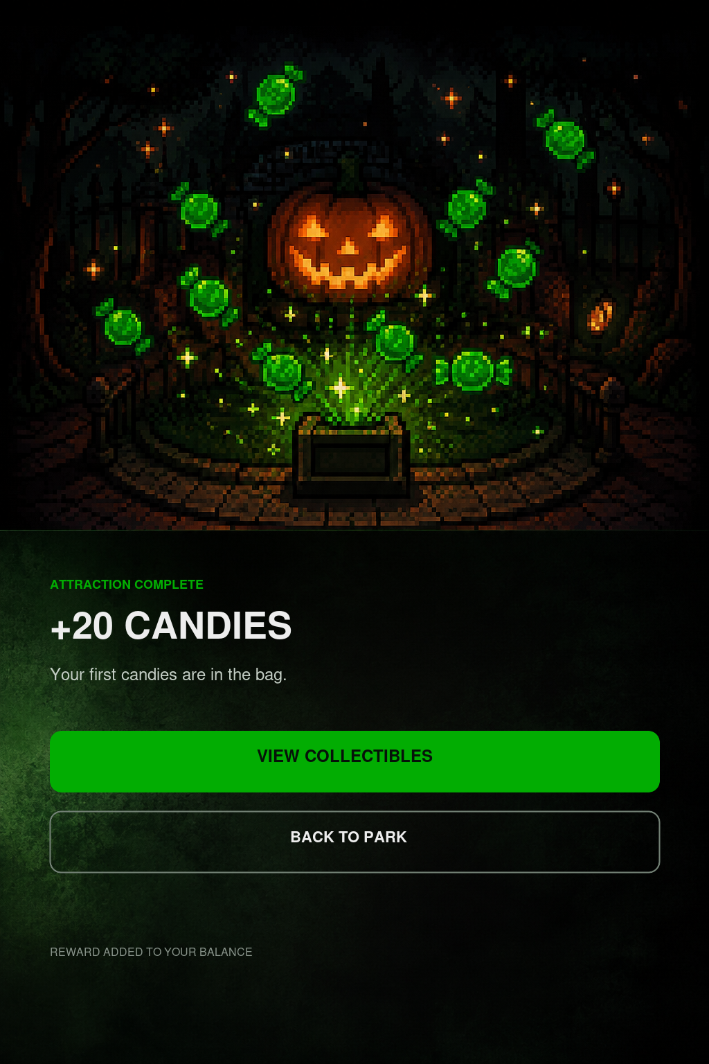 High-fidelity completion interface confirming achievement before optional collectibles or return to the park