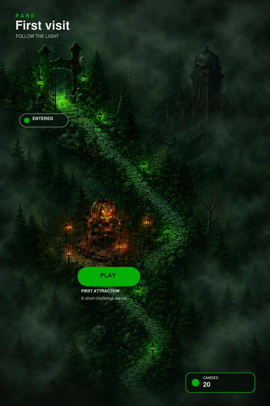 High-fidelity first-visit screen — light reveals the first available attraction