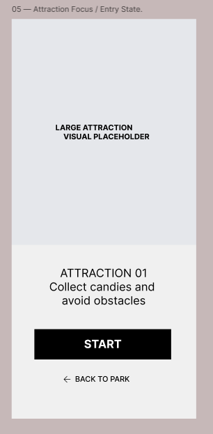 Low-fidelity wireframe — attraction entry with a clear start action