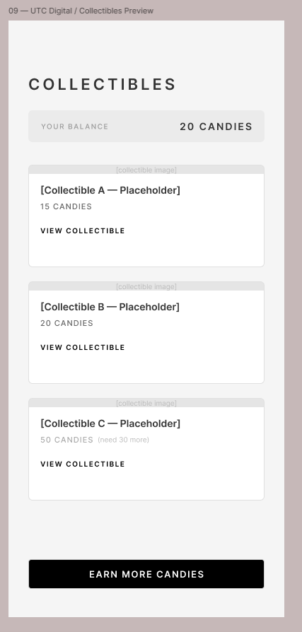 Low-fidelity wireframe — collectibles and optional ownership