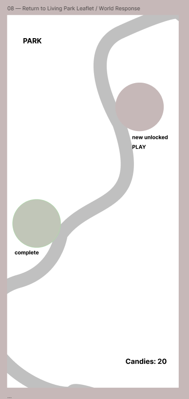 Low-fidelity wireframe — park response showing visible world change