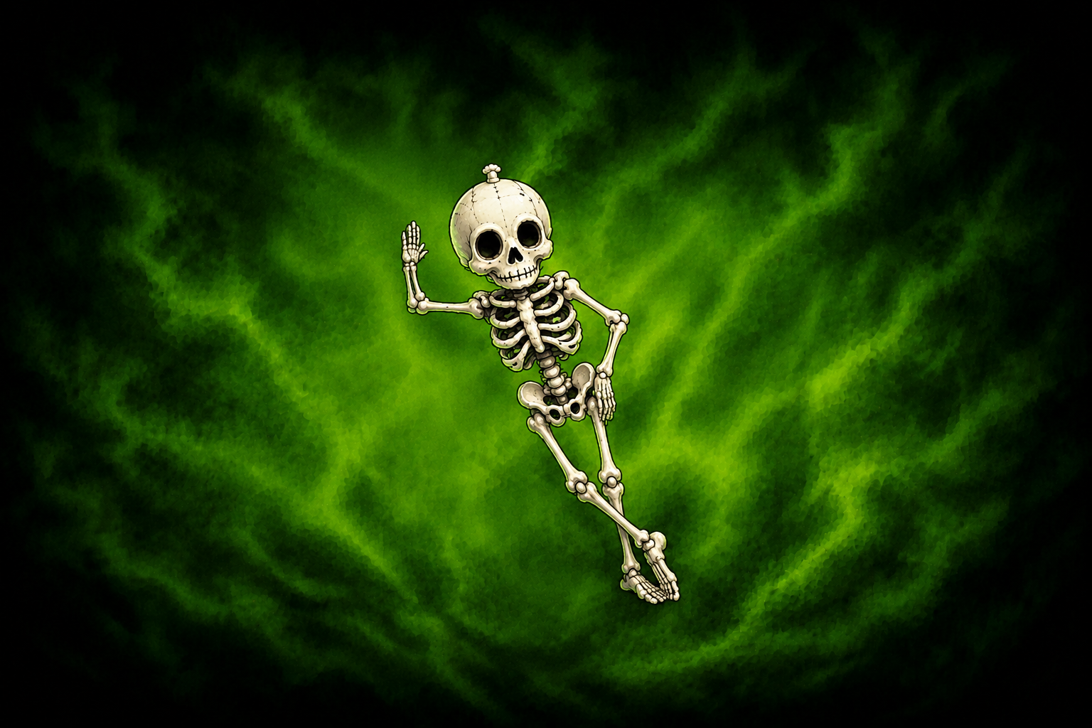Waving skeleton surrounded by green atmospheric light, introducing the optional concept presentation.