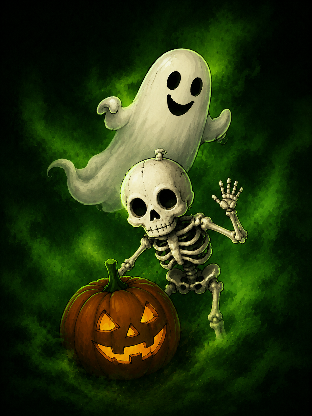 Illustrated Halloween characters—a glowing jack-o'-lantern, skeleton and ghost in green fog.